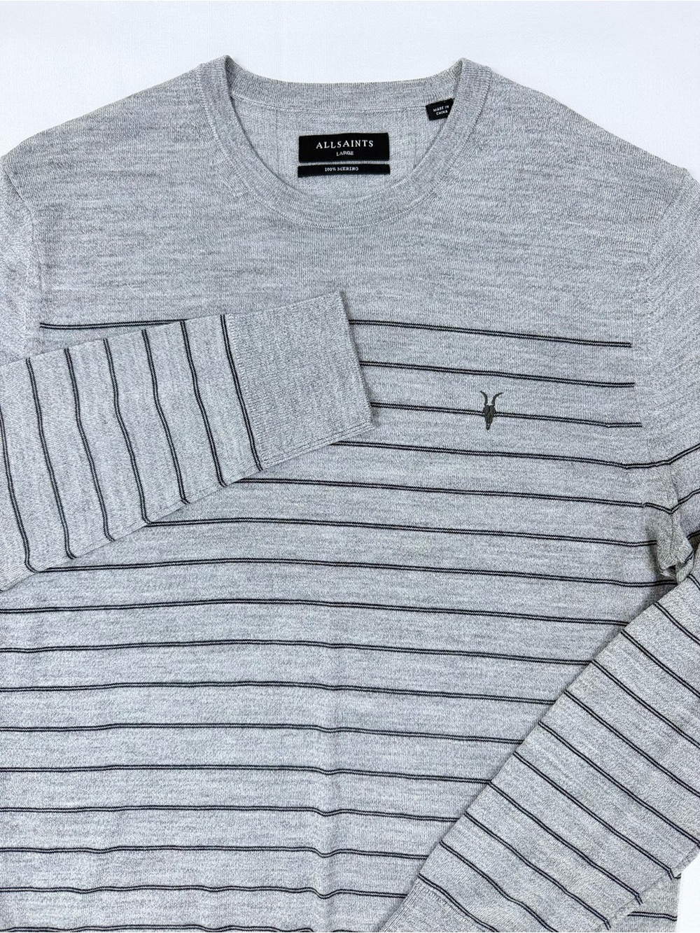 AllSaints Merino Wool Sweater Gray Striped Crewneck